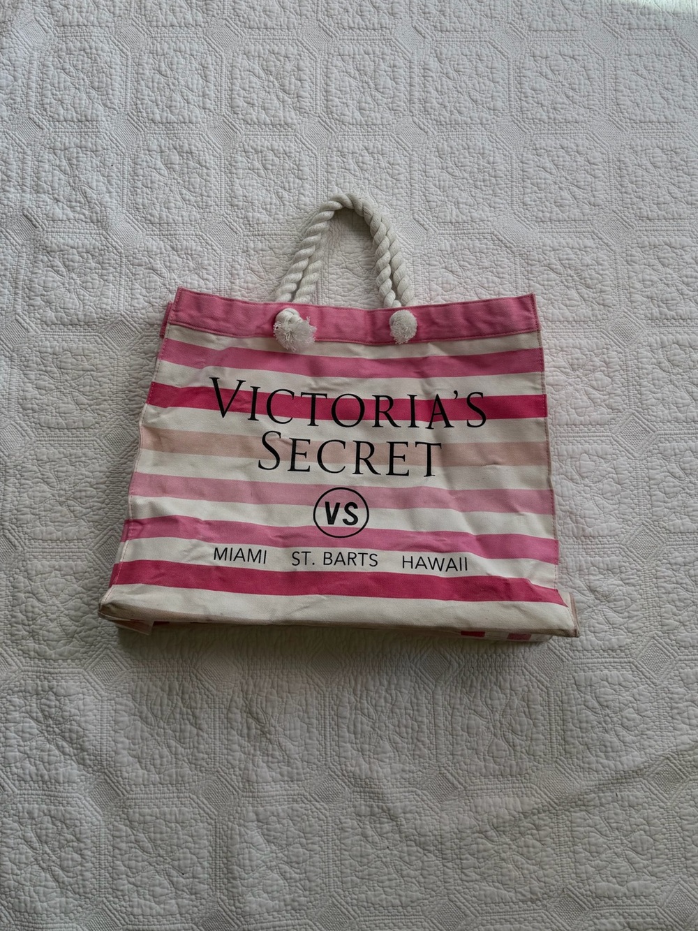 Vintage y2k Victoria's Secret Pink and White Striped Rope-Handle Tote
